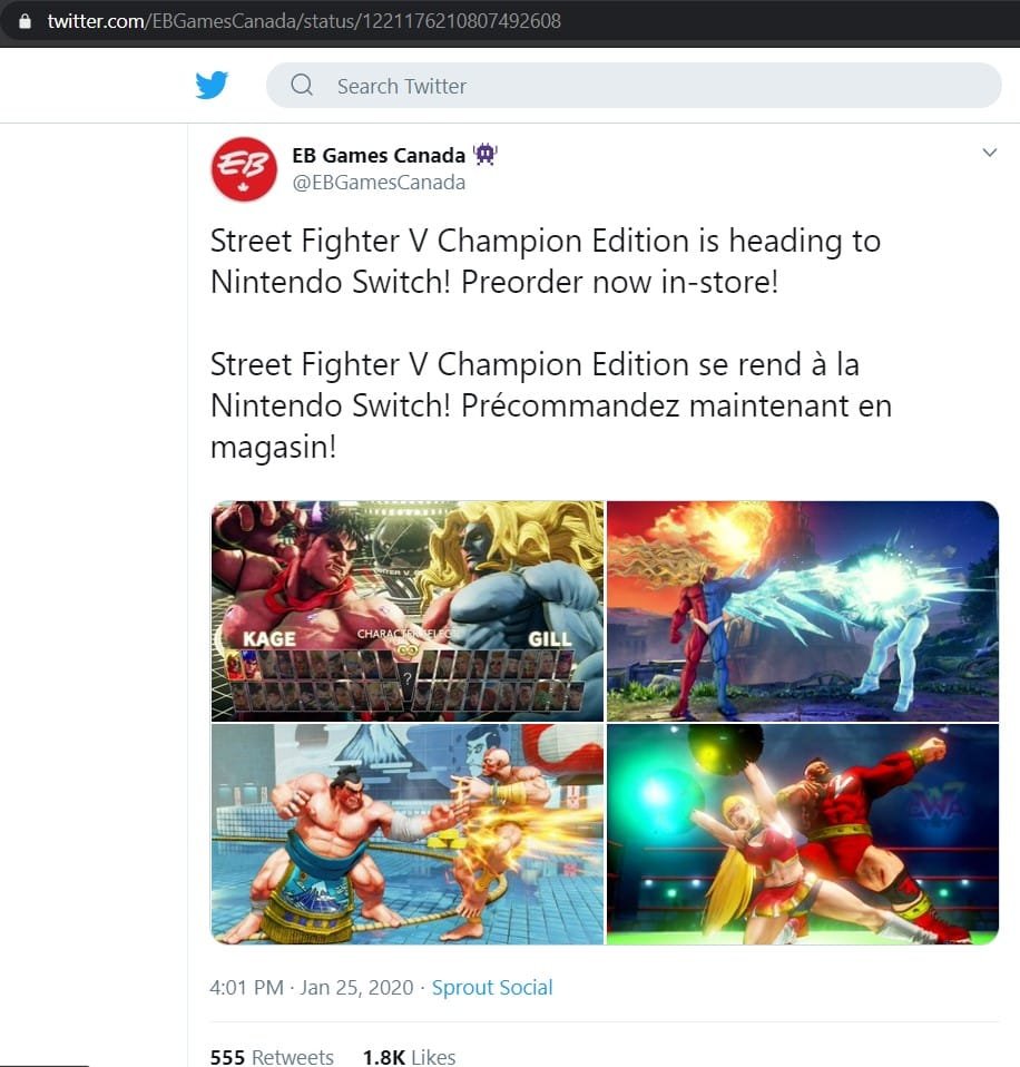 EB Games Canada - "Street Fighter V Champion Edition" / Nintendo Switch - Deleted tweet