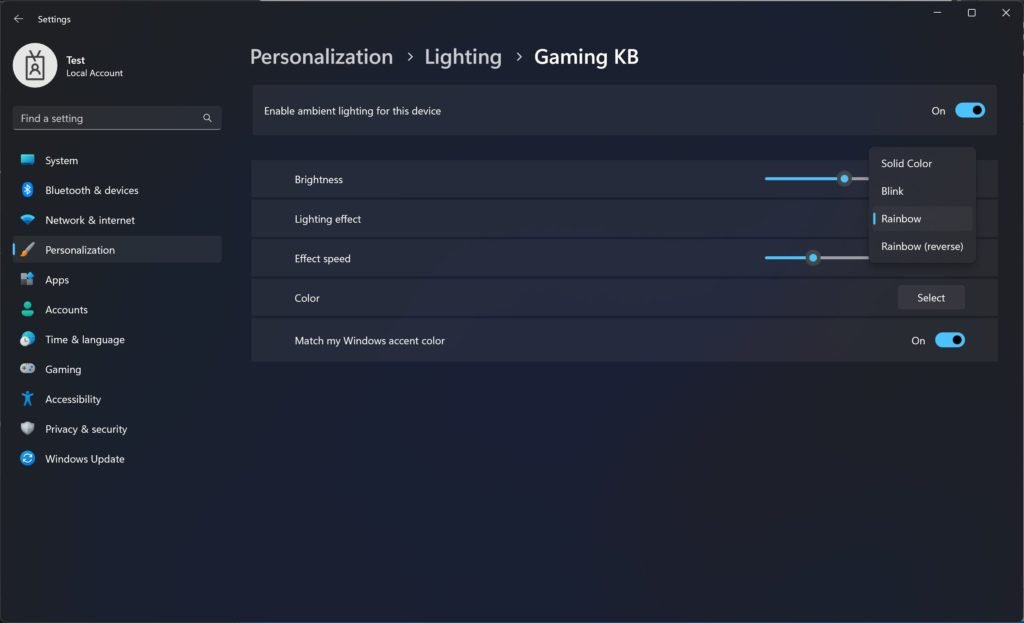 Iluminación RGB de Windows 11