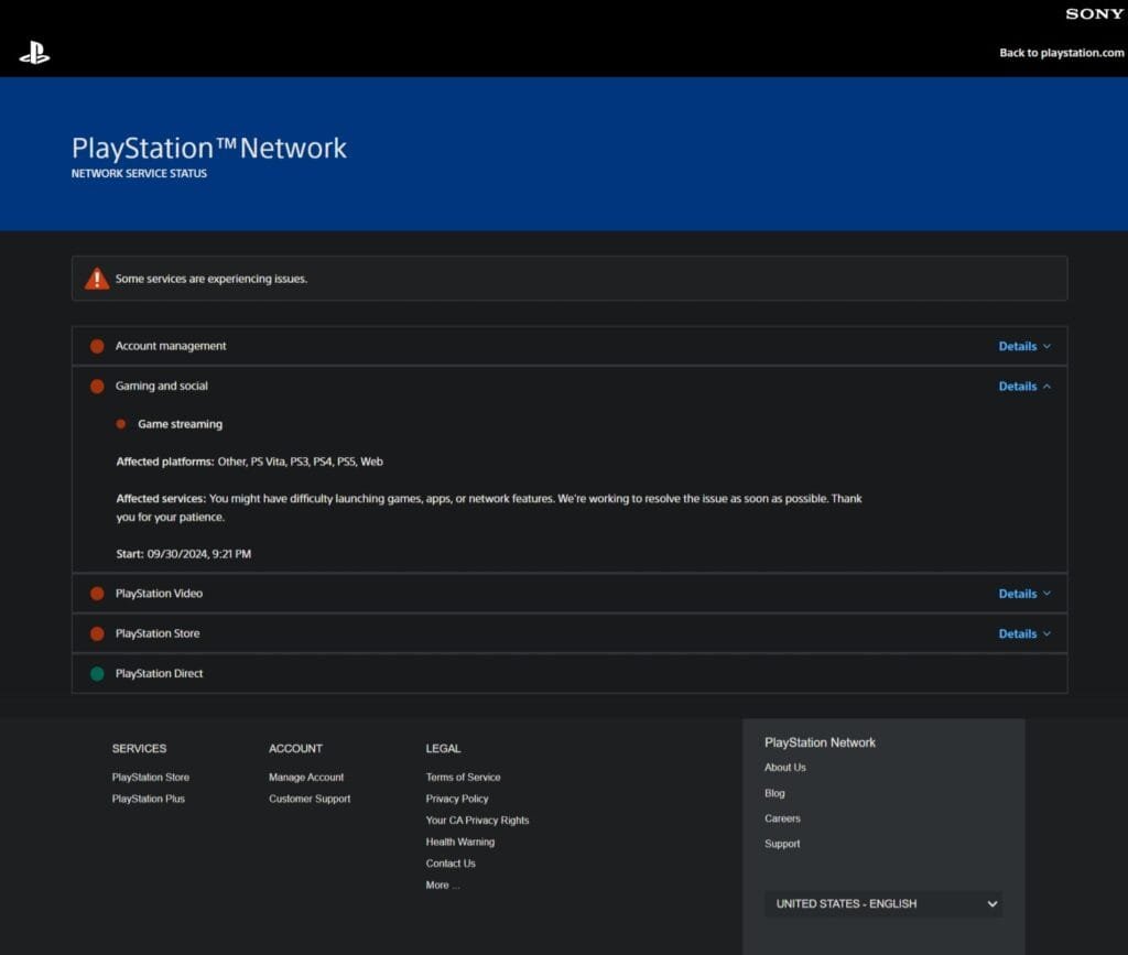 PlayStation Network down - 2024.09.30