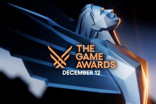 A promotional graphic for The Game Awards. The event is scheduled to take place on December 12. The graphic features a stylized, angular statue or trophy, resembling a winged figure. The colors used are metallic blue and orange, creating a striking contrast. The text "THE GAME AWARDS" is prominently displayed in orange, along with the date "DECEMBER 12" below it. The design is sleek and modern, appealing to a gaming audience and highlighting the significance of the event in the gaming industry.